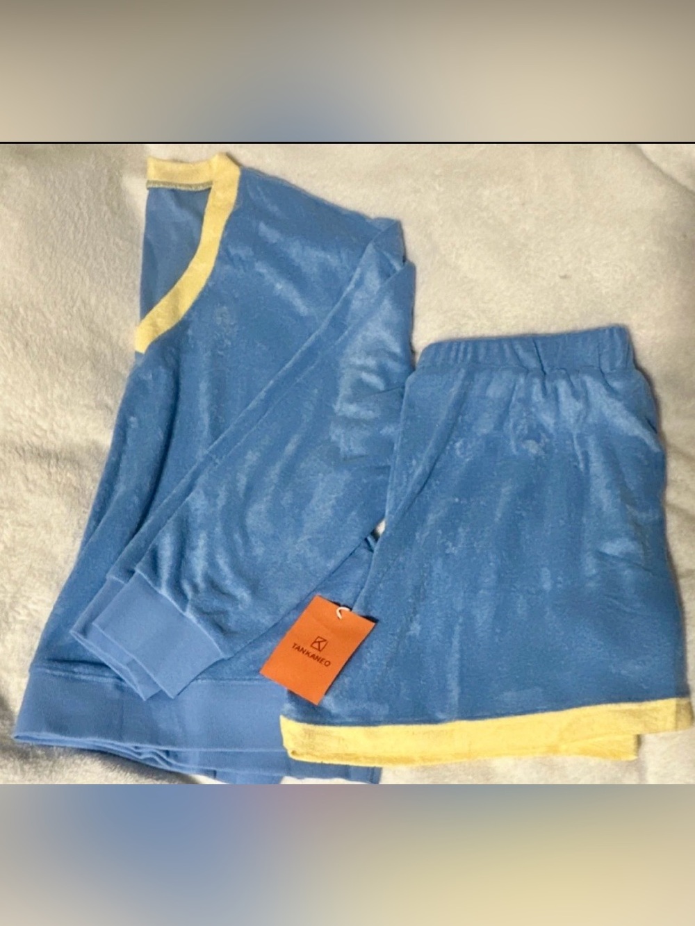 TANKANEO Blue Yellow Top & Shorts Set XL, Polyester Viscose, V-Neck - Picture 2 of 6